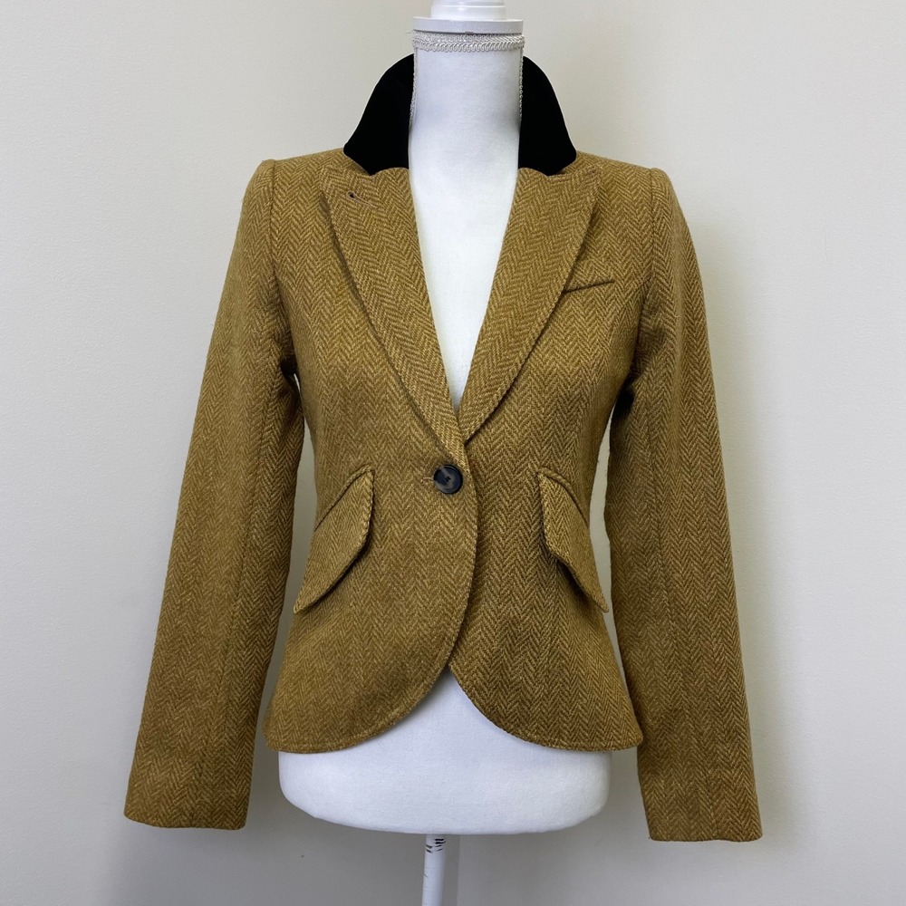 Smythe Herringbone Wool Jacket Blazer 6 Velvet Collar Size 6 Equestrian